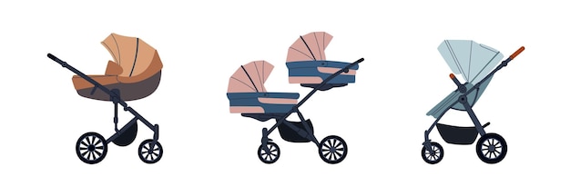 Vektor satz verschiedener kinderwagen moderne kinderwagen für zwillinge und neugeborene handgezeichneter vektor