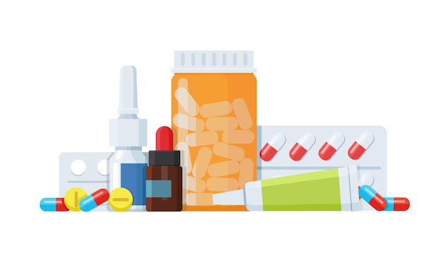 Satz verschiedener medizinischer Flachflaschen-Symbole Tabletten Medikamente Kapseln Pillen in Paketen und ohne Pharmakologie und Pharmazie