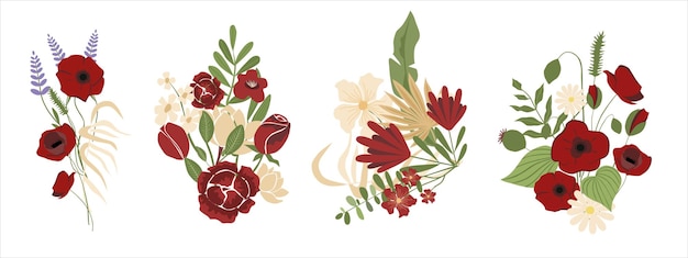 Satz verschiedener schöner Blumensträuße mit Garten- und Wildblumenvektor-Flachillustration Sammlung verschiedener blühender Pflanzen mit Stielen und Blättern isoliert auf Weiß