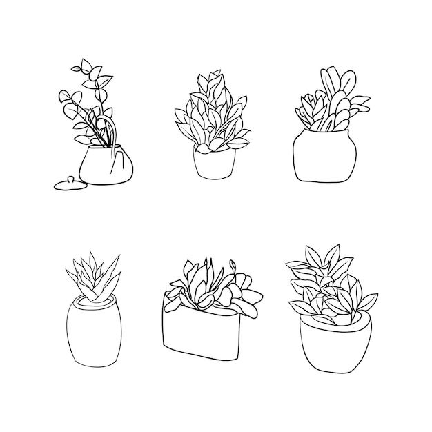 Satz verschiedener zimmerpflanzen im topf eine zeilensymbolzeichnung, lineare skizze, gekritzel