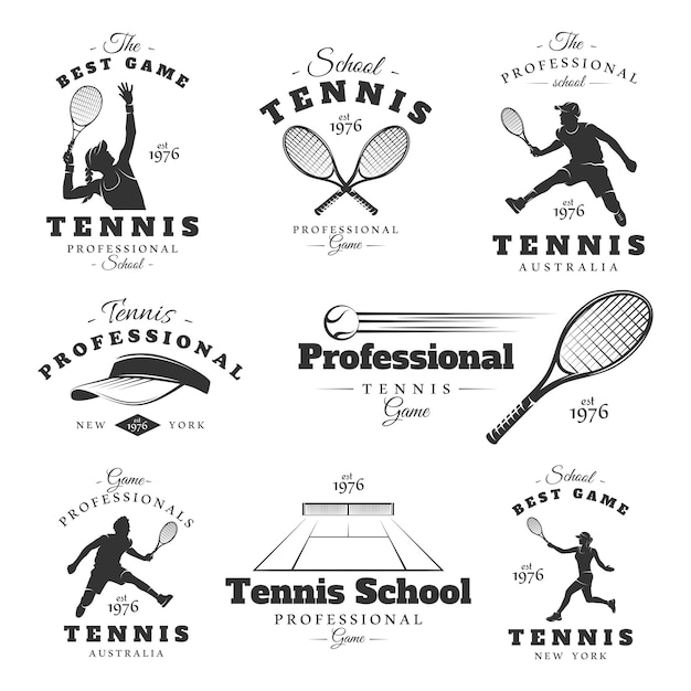 Satz vintage-tennisetiketten. plakate, briefmarken, banner und gestaltungselemente.