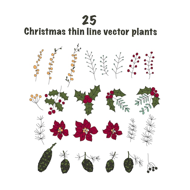 Vektor satz von 25 weihnachtlichen botanischen symbolen dünne linienvektorsymbole weihnachtsumrissillustrationen