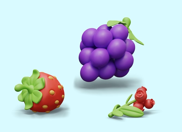 Satz von 3D-Beeren auf blauem Hintergrund Trauben, Erdbeeren, Cranberries