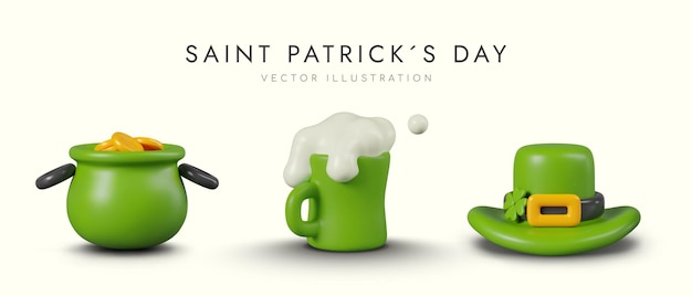 Vektor satz von 3d-ikonen für den st. patrick's day grüner topf mit münzen becher mit schaumgetränk leprechaun hut