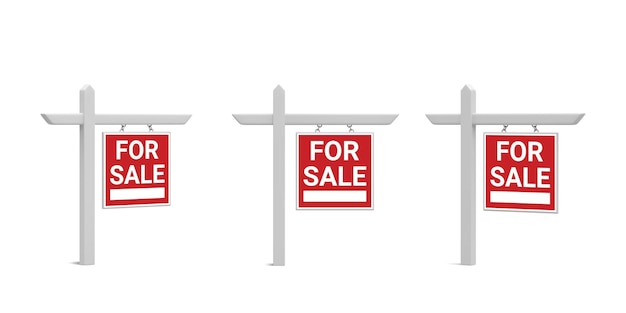 Satz von 3D-Real Estate-Verkaufszeichen isoliert auf weißem Hintergrund Haus zum Verkauf Konzept Vektor-Illustration