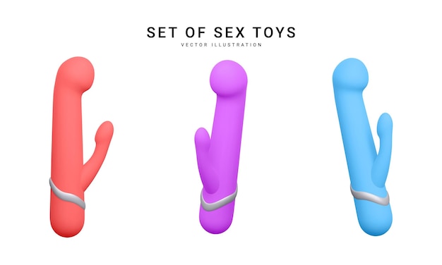 Satz von 3d-realistischen doppelkopf-dildos-vibratoren, isoliert auf weißem hintergrund. sex-spielzeug für sexshops. vektorillustration.