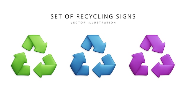 Satz von 3D-realistischen Recycling-Zeichen, die auf weißem Hintergrund isoliert sind