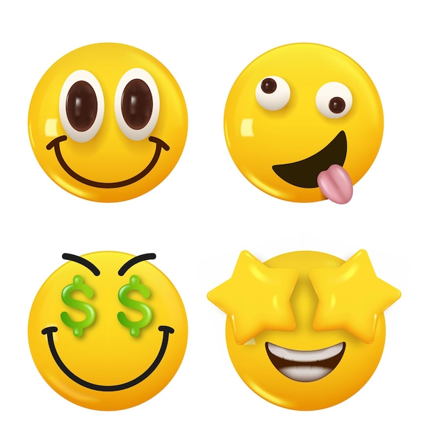 Satz von 3D-Symbolen, gelbe Farbe, Lächeln-Emoji. Set-Symbol, Lächeln-Emoji-Vektor