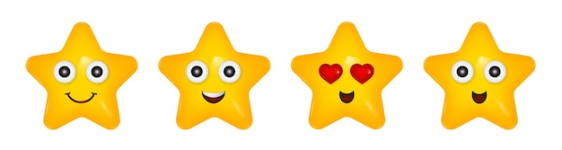 Satz von 3d-symbolen gelber stern mit einem lächelnden gesicht fröhliche zeichentrickfigur emoji lachendes gesicht