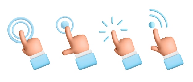 Satz von 3D-Vektor-Touch- oder Klick- oder Zeigehandgesten-Designsymbol Hochwertige 3D-Business-Hand
