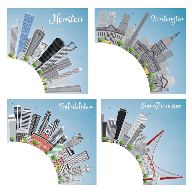 Satz von 4 stadt in den usa. houston, washington dc, philadelphia, san francisco. vektor-illustration.