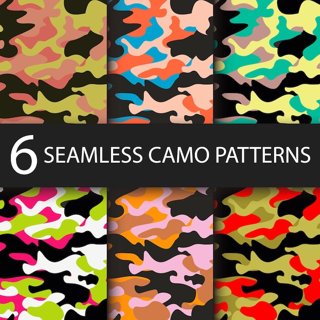 Satz von 6 pack camouflage nahtlose muster hintergrund mit schwarzem schatten. klassischer kleidungsstil mit tarnmuster-wiederholungsdruck. helle farben der waldtextur. vektorillustrations-webdesign und -kleidung.