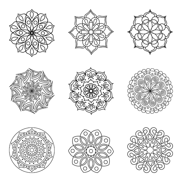 Satz von 9 vektor-mandala-konturen. isolierte runde muster zum ausmalen. malvorlagen.