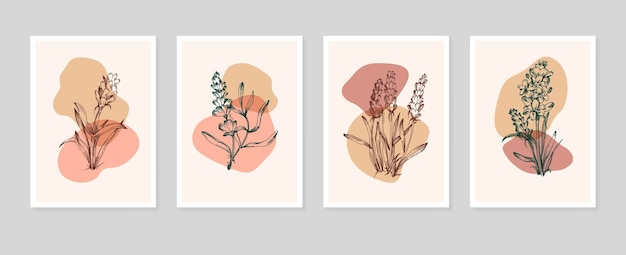 Satz von abstrakten handgemalten lavendelillustrationen für wanddekoration, minimalistische blume in skizze