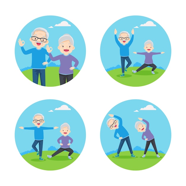 Satz von älteren ehepaaren, die gemeinsam übungen im öffentlichen park machen für eine gute gesundheit gesunde aktivitäten körperliche gesundheit sport tägliche routine übung lebensstil