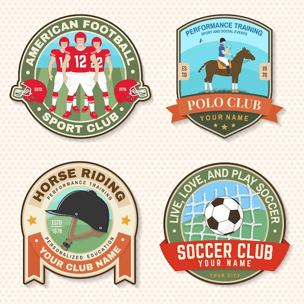 Satz von american-football-fußball-polo- und reitclub-stickerei-patch vektor