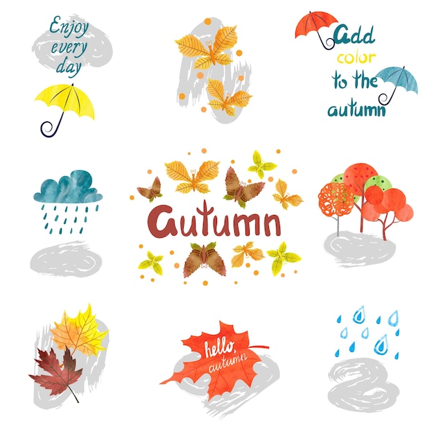 Satz von Aquarell-Herbstzeichen und -symbolen, die auf weißer Vector-Farbherbstkollektion isoliert sind