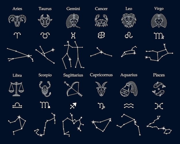 Satz von astrologischen symbolen der tierkreis- und sternbildillustration