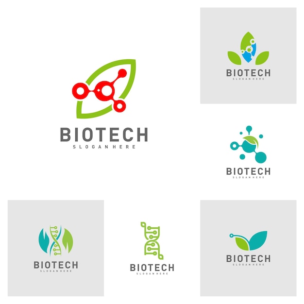 Satz von bio-tech-blatt-logo-vorlagen molekül-dna-atom medizin- oder wissenschafts-logo-design-vektor