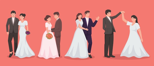 Satz von braut im weißen kleid und bräutigam im anzug paar hochzeit vektor illustration