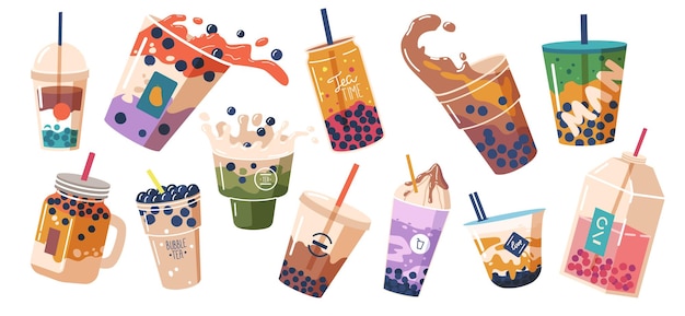 Vektor satz von bubble tea oder kaffeegetränken isoliert auf weißem hintergrund pearl milk tea boba yummy drinks in glass or plastic cups with straw graphic design collection cartoon vector illustration