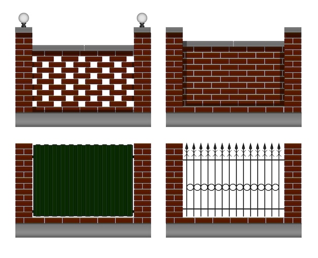 Vektor satz von burgunderfarbenen backsteinmauern. mit einem geschmiedeten metallzaun, eisenblechgrün, mit straßenlaternen. für den hof und die hütte privathäuser.