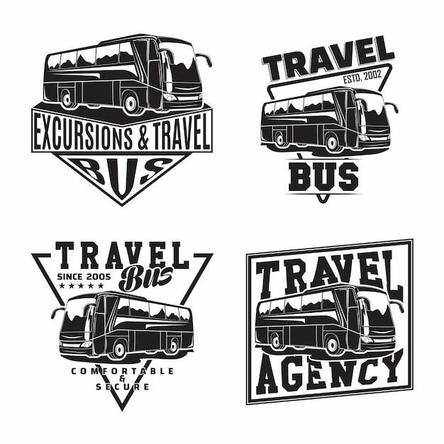 Vektor satz von busreisegesellschaftsemblementwürfen mit emblemen von touristenbussen