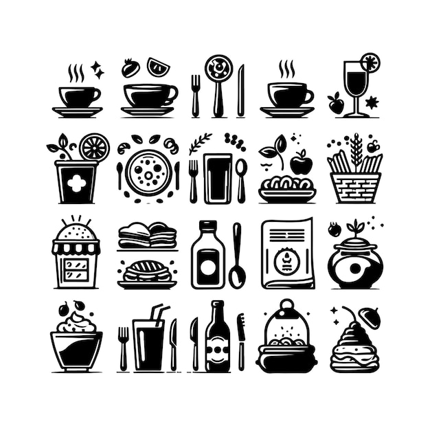 Satz von Café-Ikonen, Restaurant-Iconen, Lebensmittel- und Getränke-Icon-Vektor-Design-Illustration