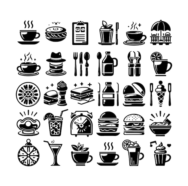 Satz von Café-Ikonen, Restaurant-Iconen, Lebensmittel- und Getränke-Icon-Vektor-Design-Illustration