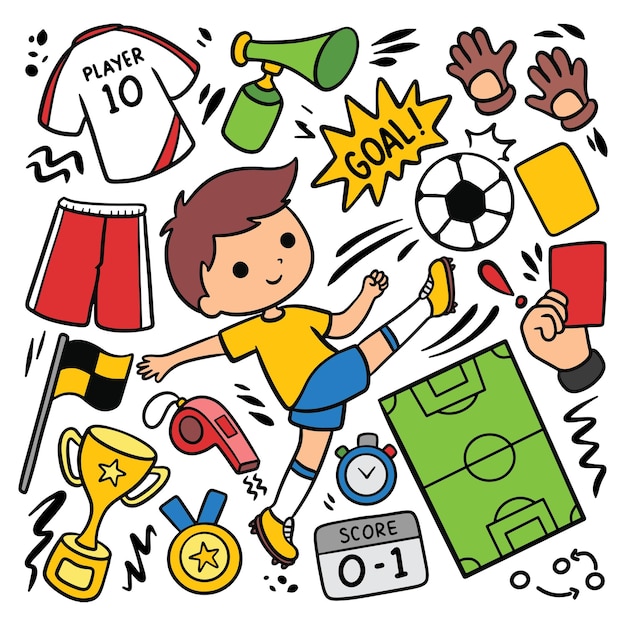 Satz von Cartoon-Fußball-Ausrüstungen Doodle Vector Illustration