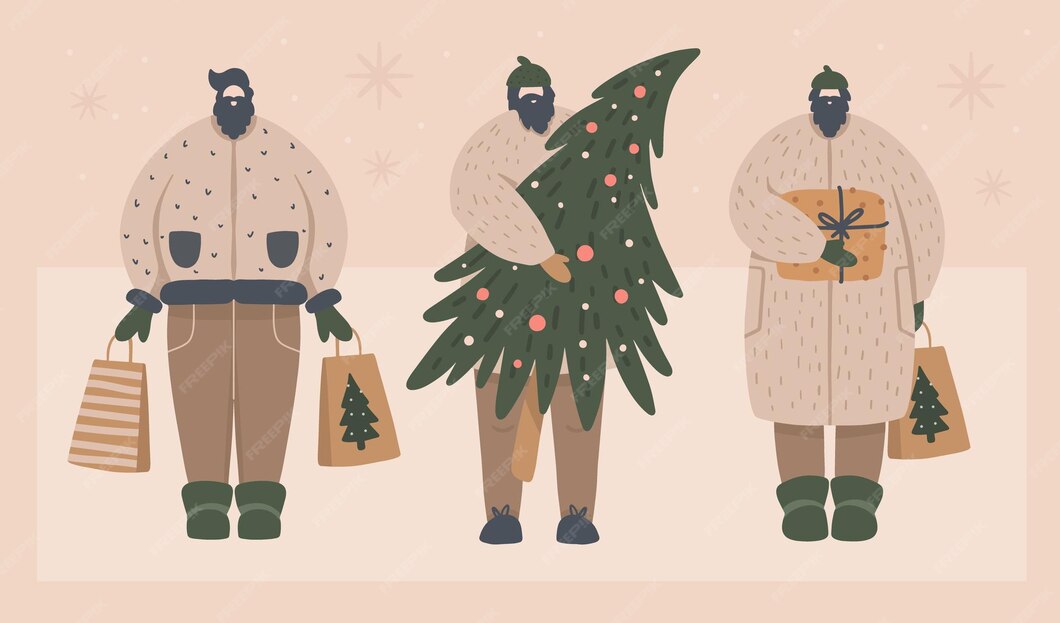 Satz von charakteren, die geschenke beim weihnachtsverkauf kaufen