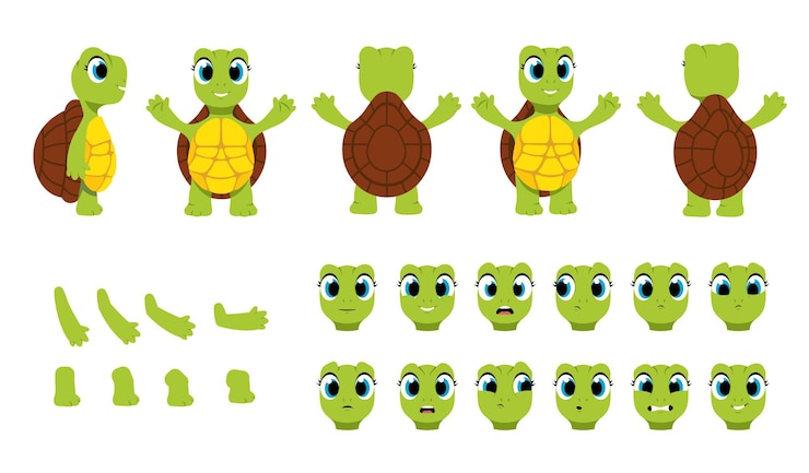 Vektor satz von charakterkonstruktoren für animationskörper von niedlichen schildkröten in verschiedenen posen und bewegungen beine
