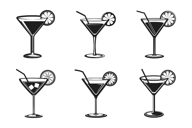 Satz von Cocktail-Glas-Silhouetten mit Zitronenscheiben und Strohhalmen Vektorillustration
