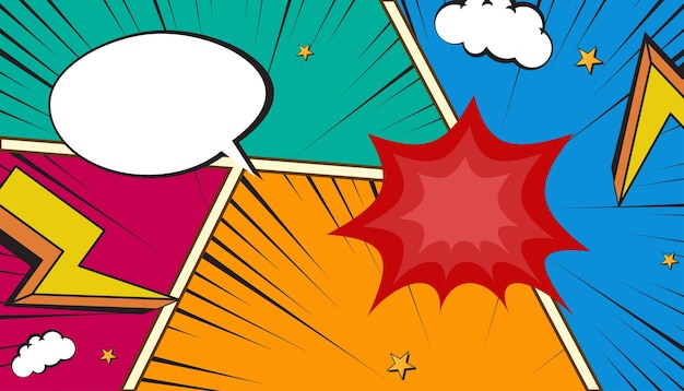 Satz von Comic-Seiten mit bunten Rahmen, Illustrationen, Comic-Hintergrund-Vorlage, farbenfrohe Gespräche
