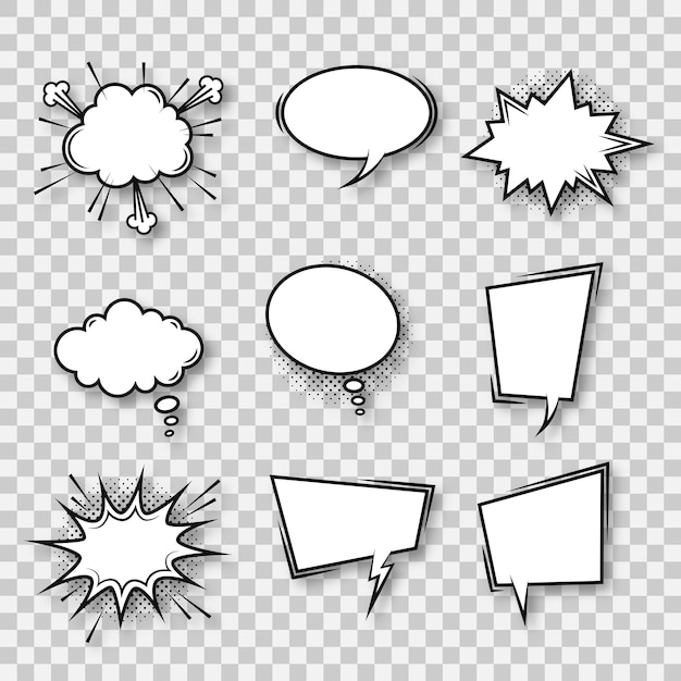 Vektor satz von comic speech bubbles und elementen mit halftone-schatten-effekt