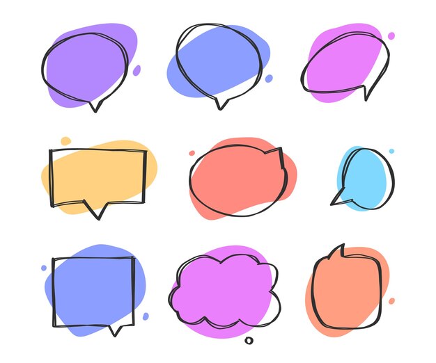 Satz von Dialogfeldern verschiedene Varianten von Hand gezeichnet Flache Vektorgrafiken Sammlung pastellfarbenes Doodle für Gesprächsdialogdekoration auf weißem Hintergrund