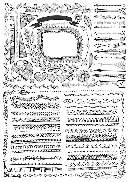 Satz von doodle floralen handgezeichneten rand- und rahmenseitenteilern und pfeilen