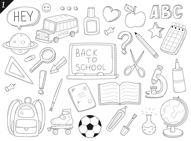 Satz von Doodle-Umrisssymbolen für den Schulanfang. Schulartikel, Schreibwaren, handgezeichnete Schwarz-Weiß-Vektorillustration. Designelemente sind isoliert auf weißem Hintergrund