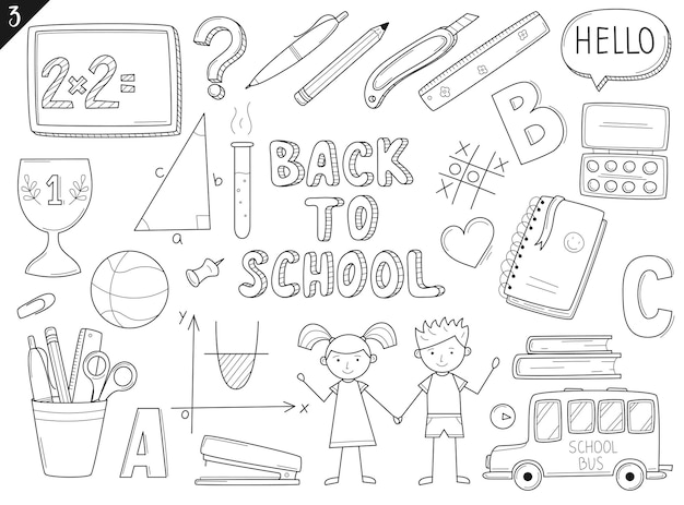 Satz von Doodle-Umrisssymbolen für den Schulanfang. Schulartikel, Schreibwaren, handgezeichnete Schwarz-Weiß-Vektorillustration. Designelemente sind isoliert auf weißem Hintergrund