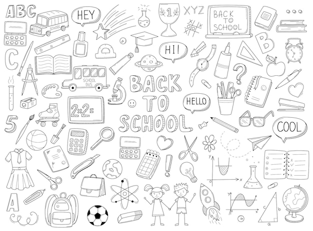 Satz von Doodle-Umrisssymbolen für den Schulanfang. Schulartikel, Schreibwaren, handgezeichnete Schwarz-Weiß-Vektorillustration. Designelemente sind isoliert auf weißem Hintergrund