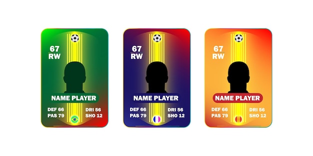 Satz von drei anpassbaren Fußballspielerkarten mit Silhouette-Placeholder-Spielerstatistiken
