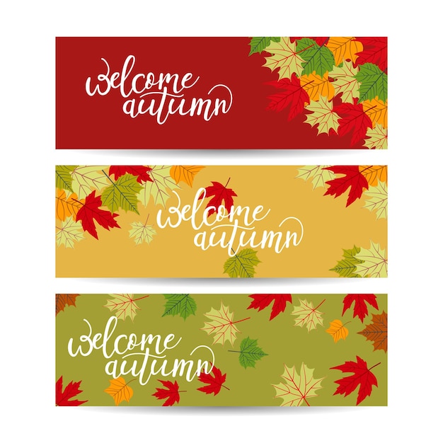 Vektor satz von drei hintergründen banner mit herbstlaub und platz für ihren text banner-design für herbstsaison-banner oder poster vektor-illustration