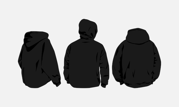 Satz von drei Hoodys in schwarzer Farbe mit rückwärtiger, flacher Vektorillustration