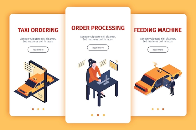 Satz von drei isometrischen vertikalen taxifahnen mit bildern und seitenwechselknöpfen mit bearbeitbarer textillustration,