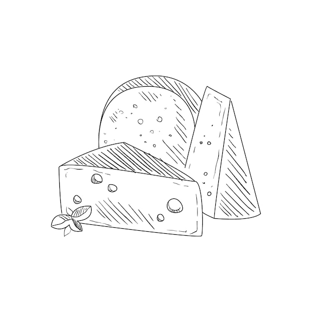 Satz von drei verschiedenen käsesorten handgezeichnete realistische skizze