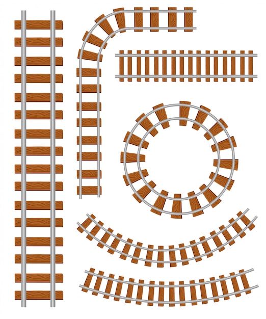 Vektor satz von eisenbahn- und eisenbahnschienenbauelementen. gerade und gebogene eisenbahnstrecke. gleisstruktur für den verkehrszug. illustration auf weißem hintergrund