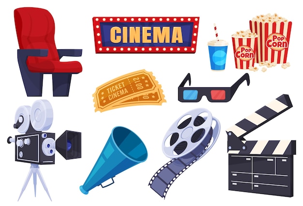 Satz von Elementen der Filmindustrie Filme drehen und ansehen Spaß und aufregende Freizeit Vektorillustration