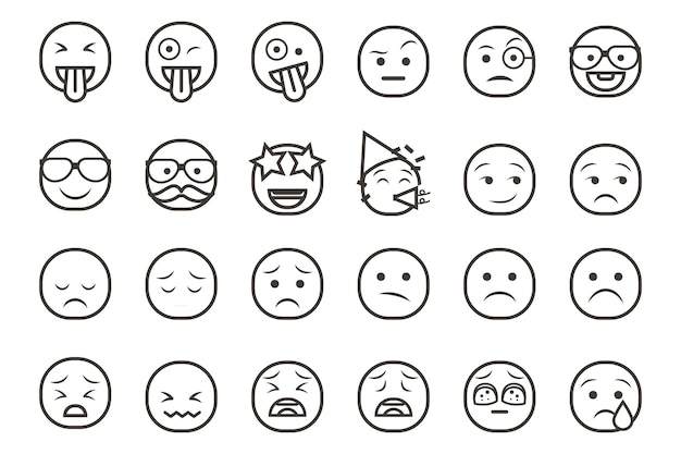 Satz von emoticon-smiley-symbolen cartoon emoji-set mit einem lächeln, traurig, glücklich und flachen emotionen im linienkunststil