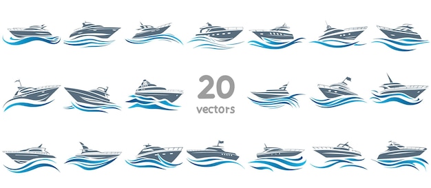 Satz von Farbvektorbildern einer modernen Yacht, die auf den Wellen von Ikonen und Logos segelt