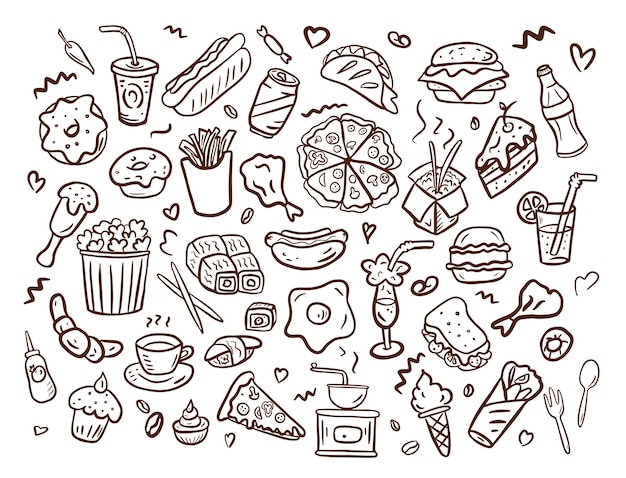 Vektor satz von fast-food-symbolen, handgezeichnet im doodle-stil. vektorillustration